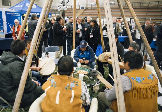 Tlicho Drummers Performing at the Yellowknife Geoscience Forum Coffee with Cabinet event