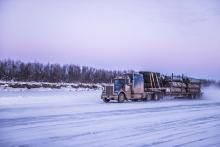 Truck travelling down ice road in the Northwest Territories 